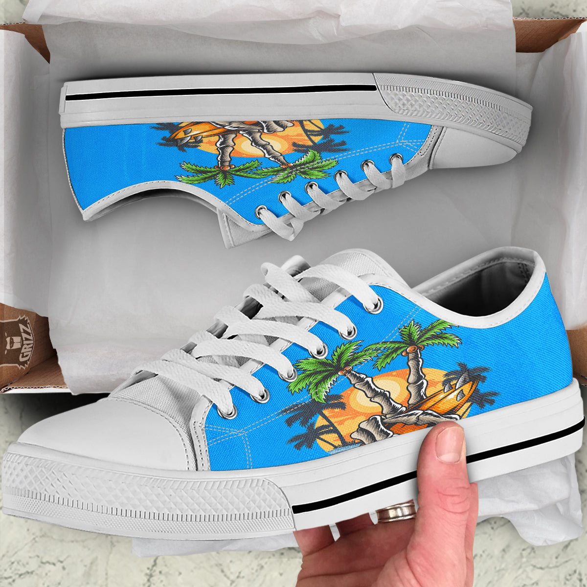 Tropical Skull Hand Print White Low Top Shoes-grizzshop