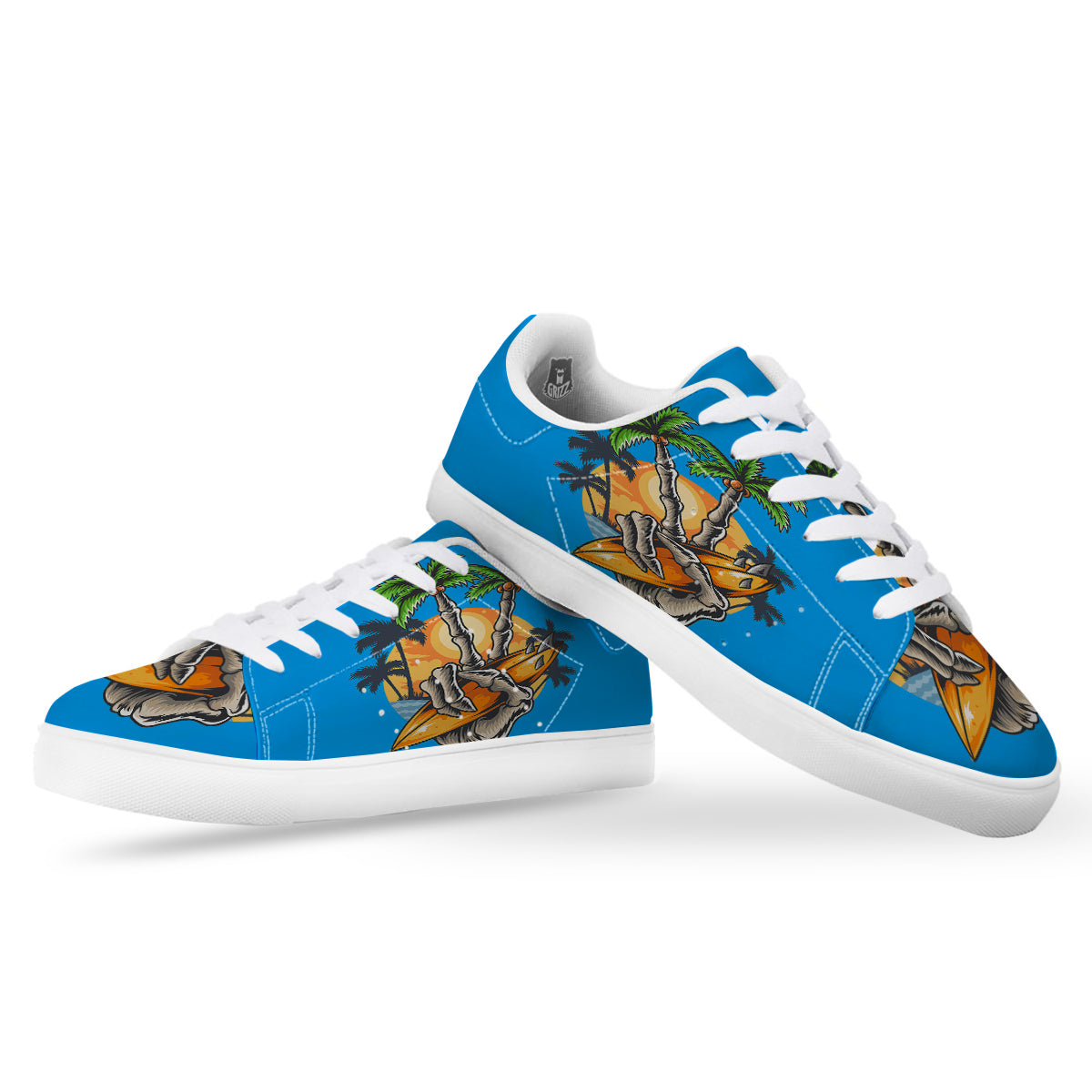 Tropical Skull Hand Print White Low Top Sneakers-grizzshop