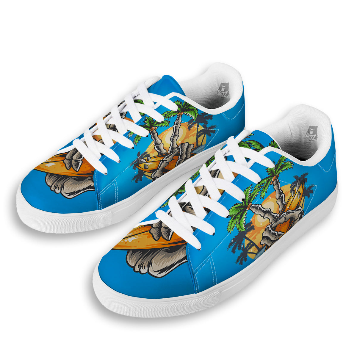 Tropical Skull Hand Print White Low Top Sneakers-grizzshop