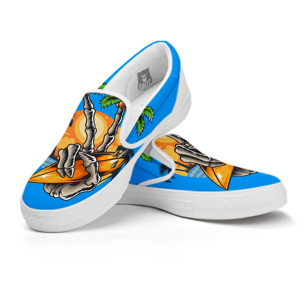 Tropical Skull Hand Print White Slip On Shoes-grizzshop