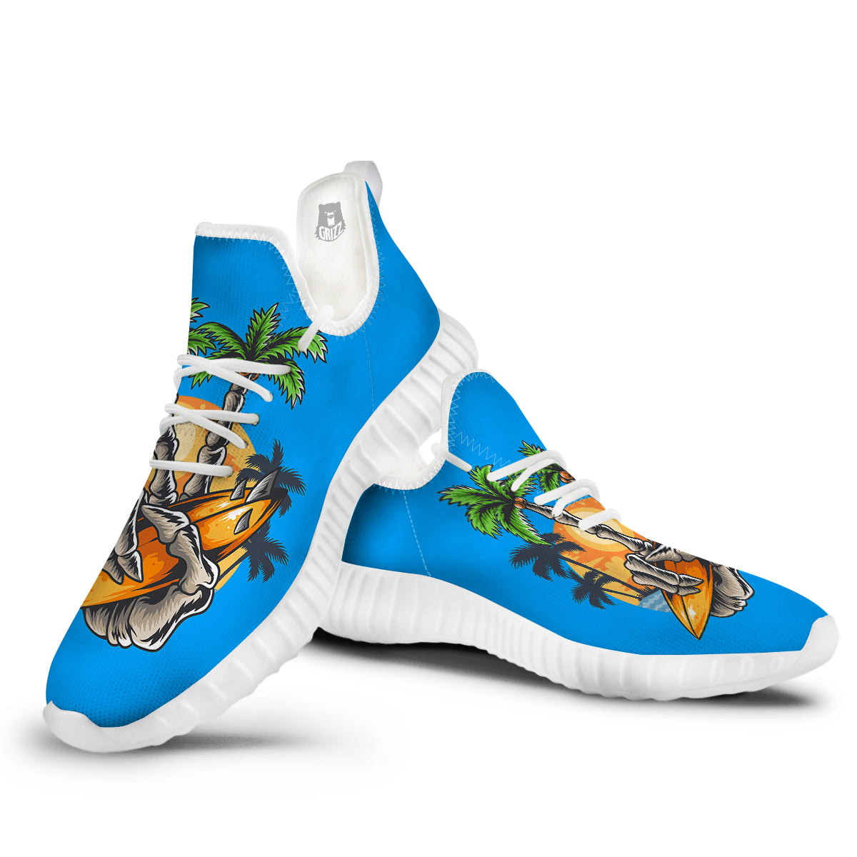 Tropical Skull Hand Print White Walking Shoes-grizzshop