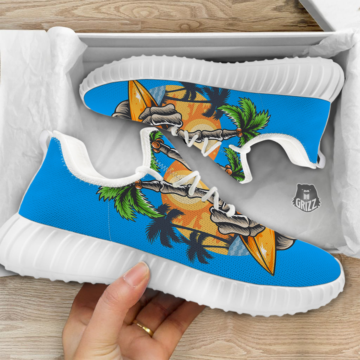 Tropical Skull Hand Print White Walking Shoes-grizzshop