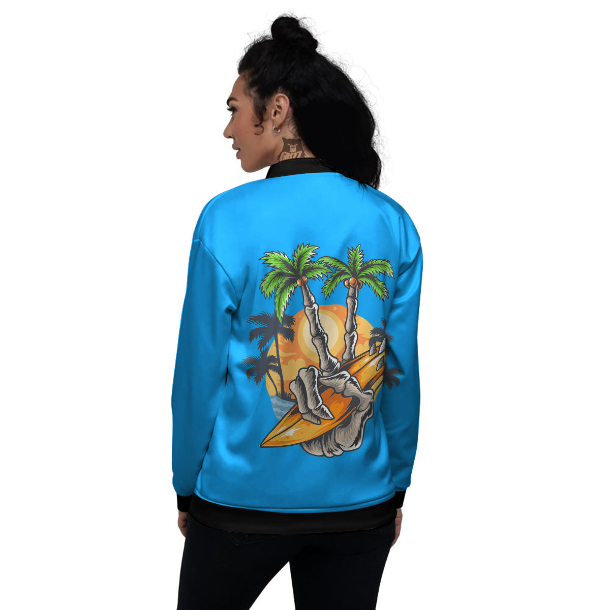 Tropical Skull Hand Print Women's Bomber Jacket-grizzshop