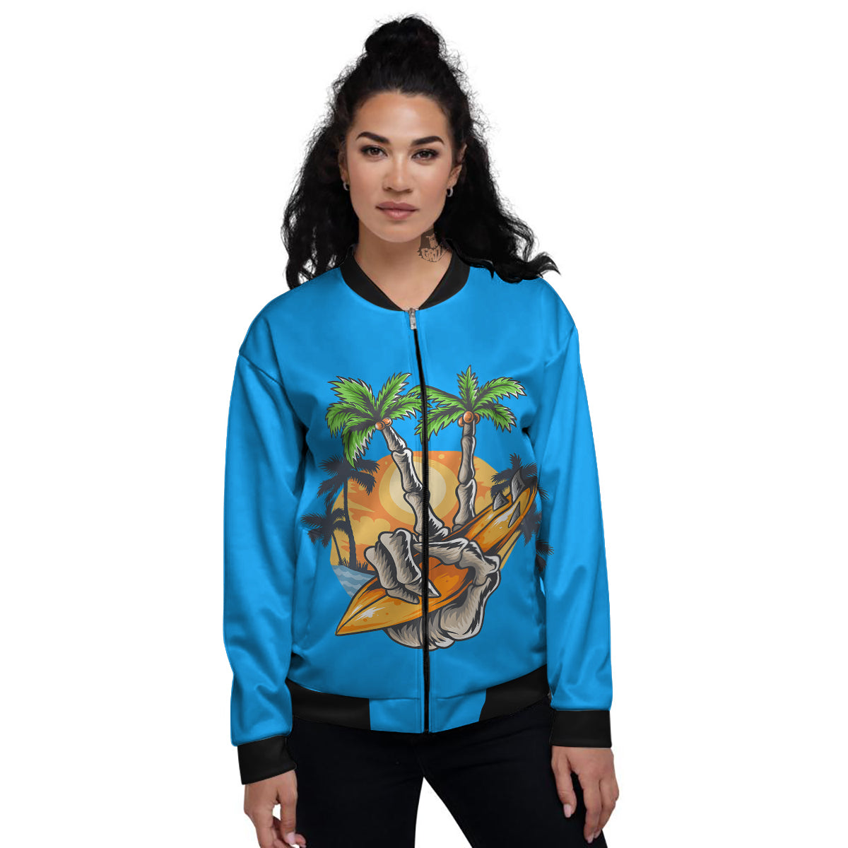 Tropical Skull Hand Print Women's Bomber Jacket-grizzshop