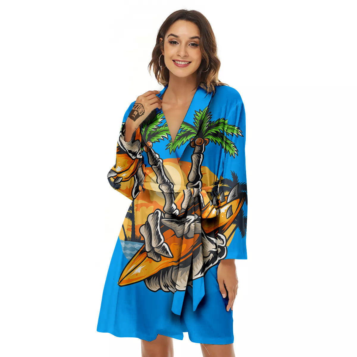 Tropical Skull Hand Print Women's Robe-grizzshop