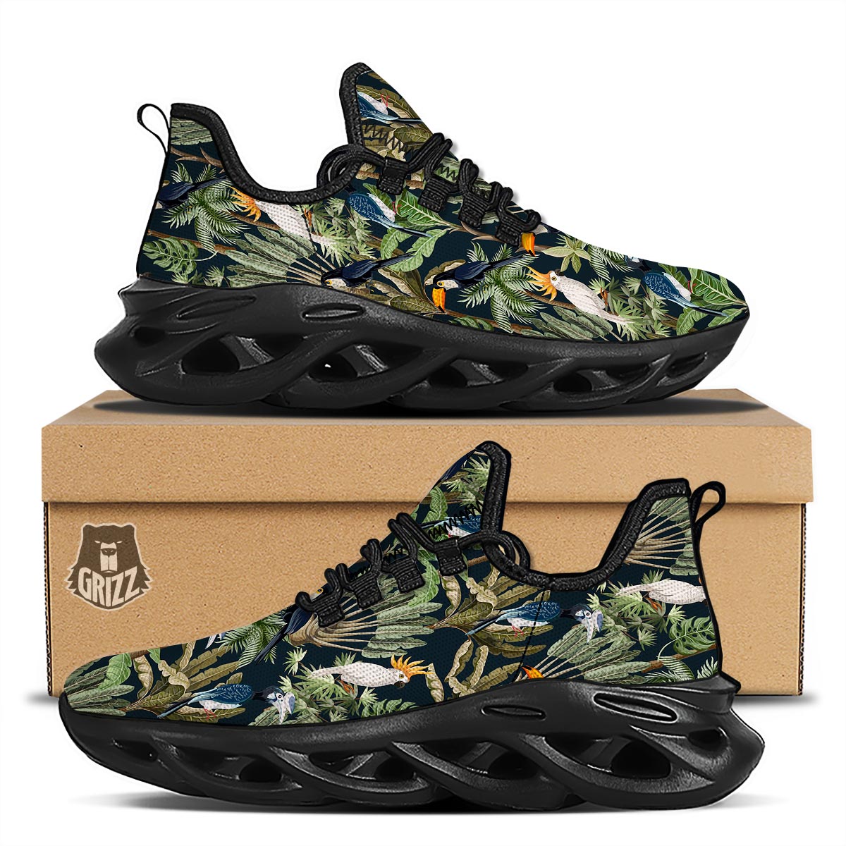 Tropical Toucan Parrot Print Pattern Black Running Shoes-grizzshop