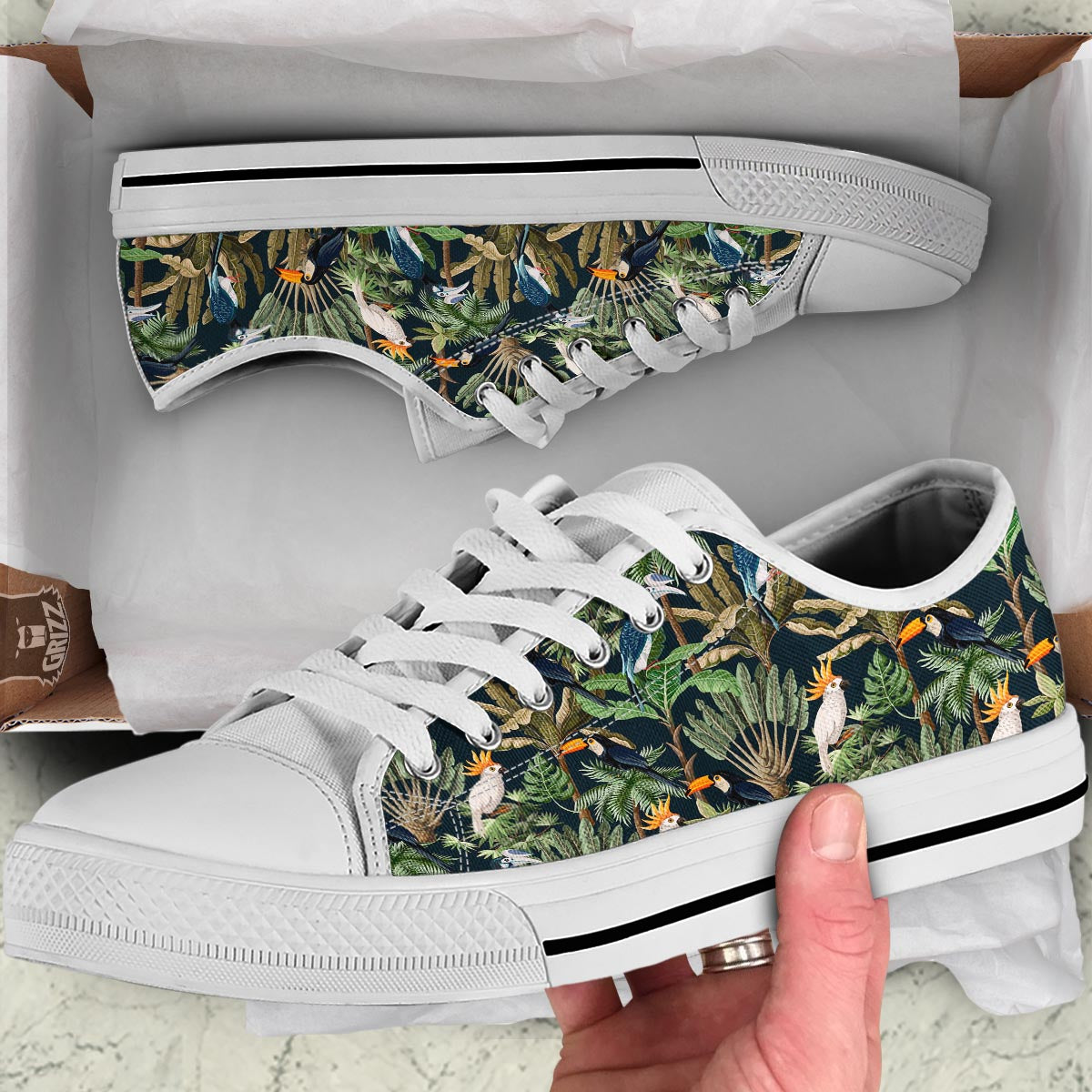 Tropical Toucan Parrot Print Pattern White Low Top Shoes-grizzshop