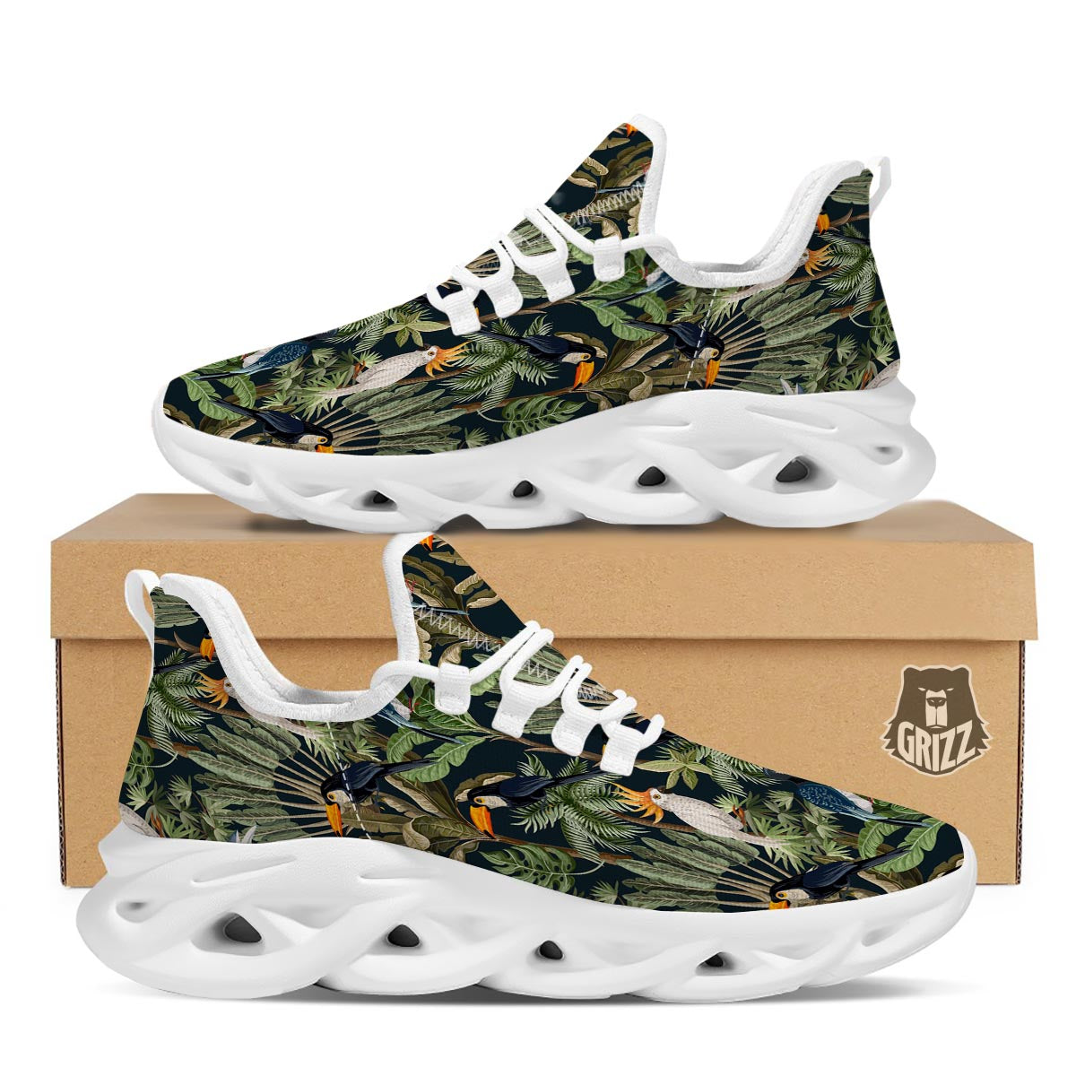 Tropical Toucan Parrot Print Pattern White Running Shoes-grizzshop