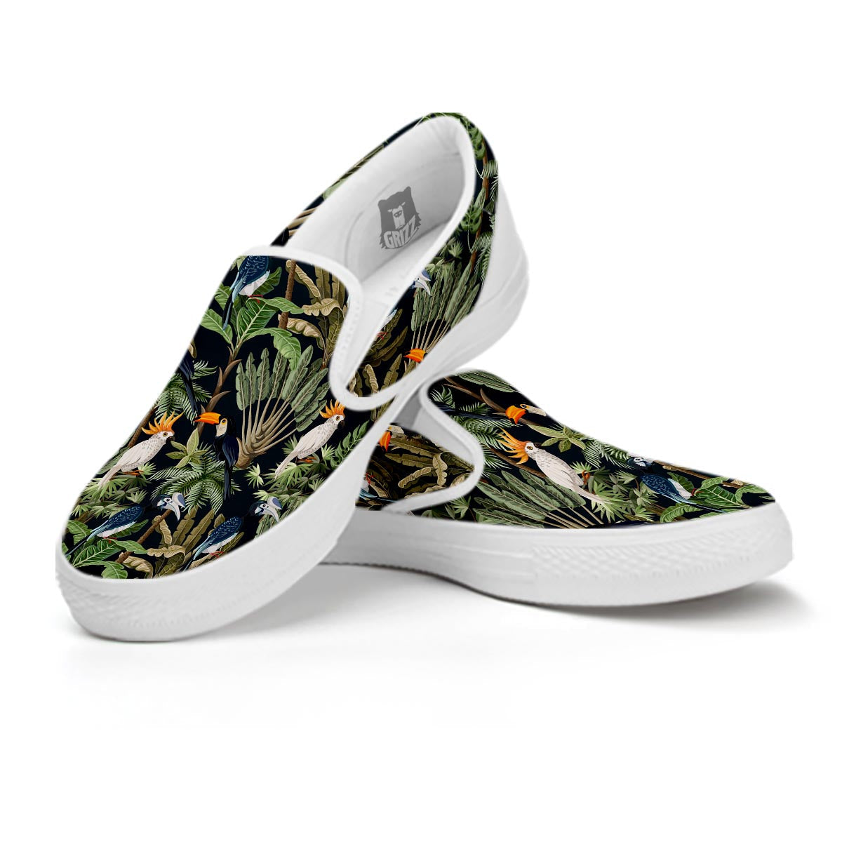 Tropical Toucan Parrot Print Pattern White Slip On Shoes-grizzshop