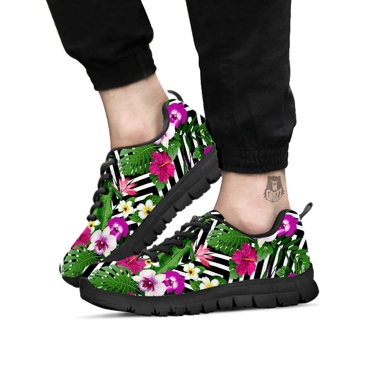 Tropical Zig Zag Print Pattern Black Sneaker-grizzshop