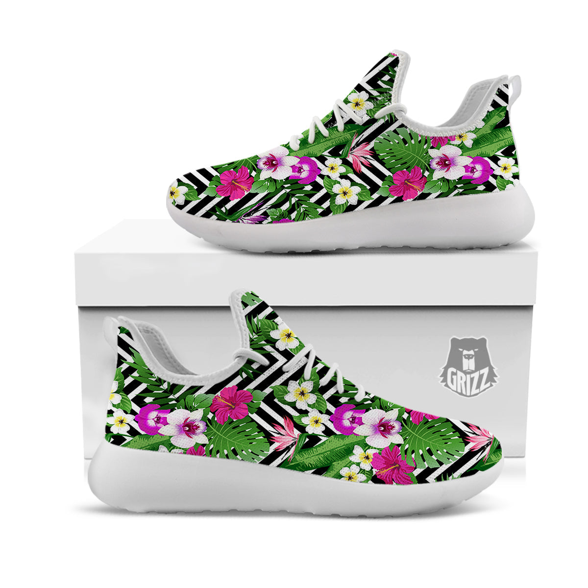 Tropical Zig Zag Print Pattern White Athletic Shoes-grizzshop