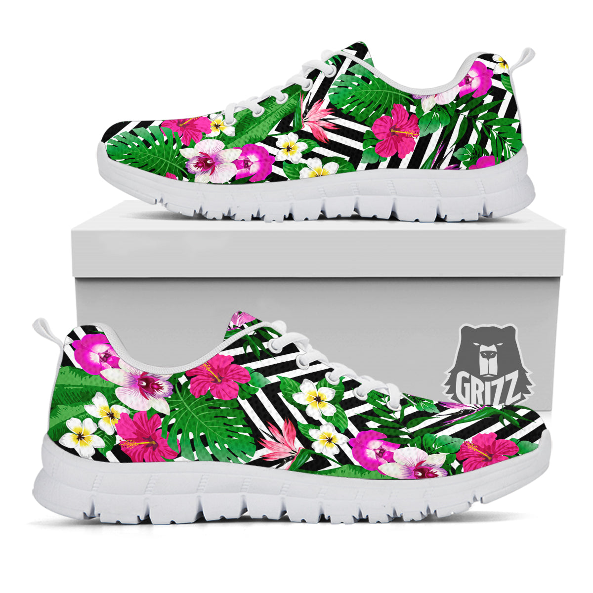 Tropical Zig Zag Print Pattern White Sneaker-grizzshop