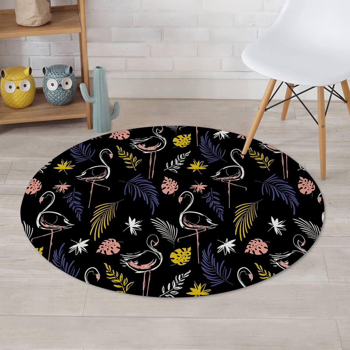 Tropical Flamingo Print Round Rug-grizzshop