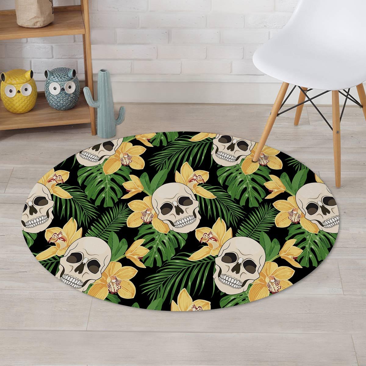 Tropical Floral Skull Round Rug-grizzshop