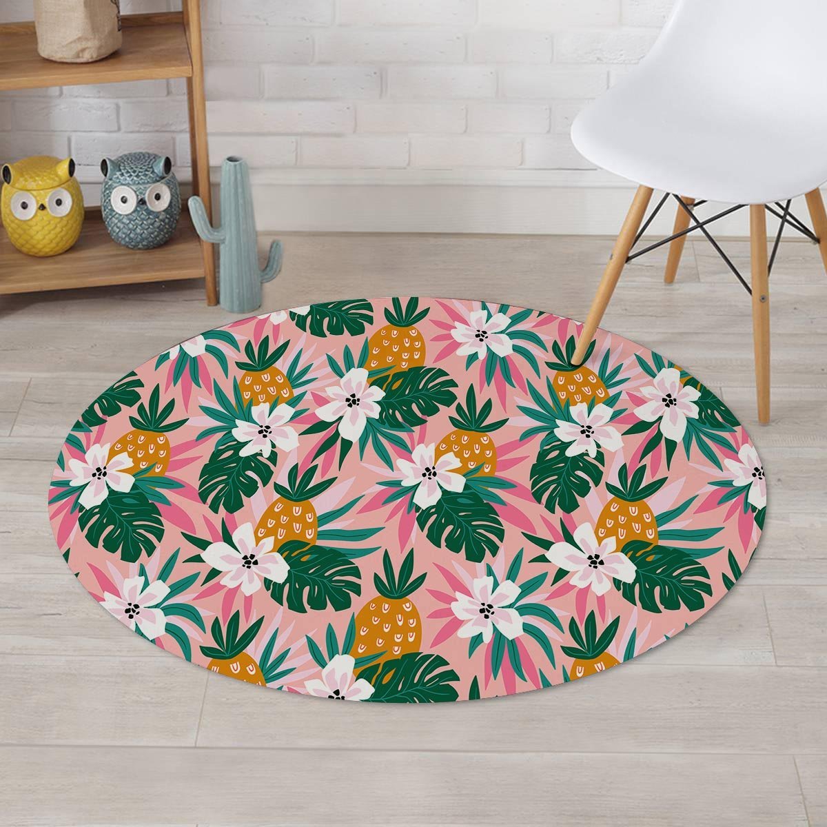 Tropical Flower Hawaiian Pineapple Print Round Rug-grizzshop