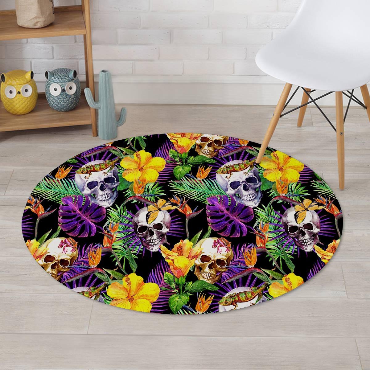 Tropical Hawaiian Skull Round Rug-grizzshop