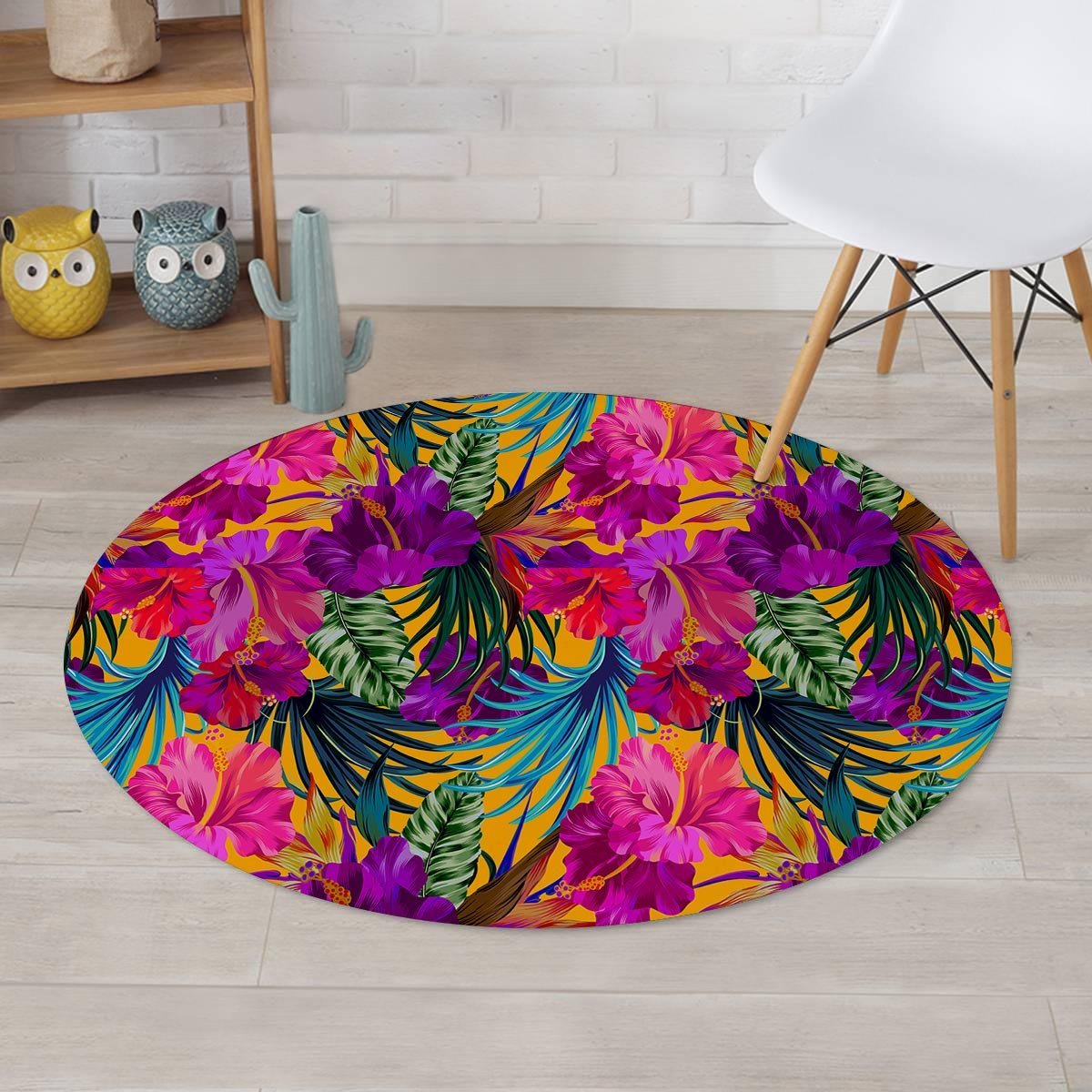 Tropical Hibiscus Flower Hawaiian Print Round Rug-grizzshop