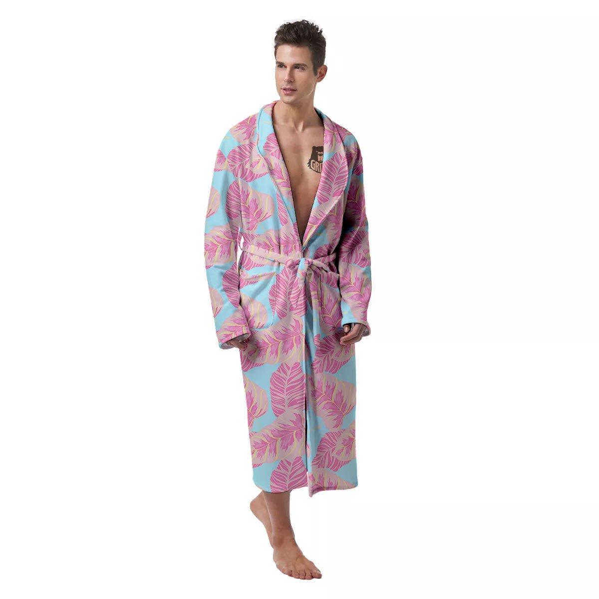 Tropical Leaf Pink And Teal Print Pattern Men's Robe-grizzshop