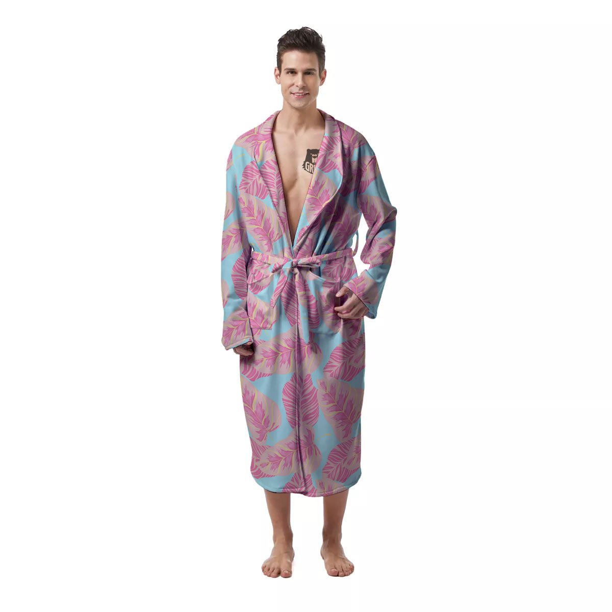 Tropical Leaf Pink And Teal Print Pattern Men's Robe-grizzshop
