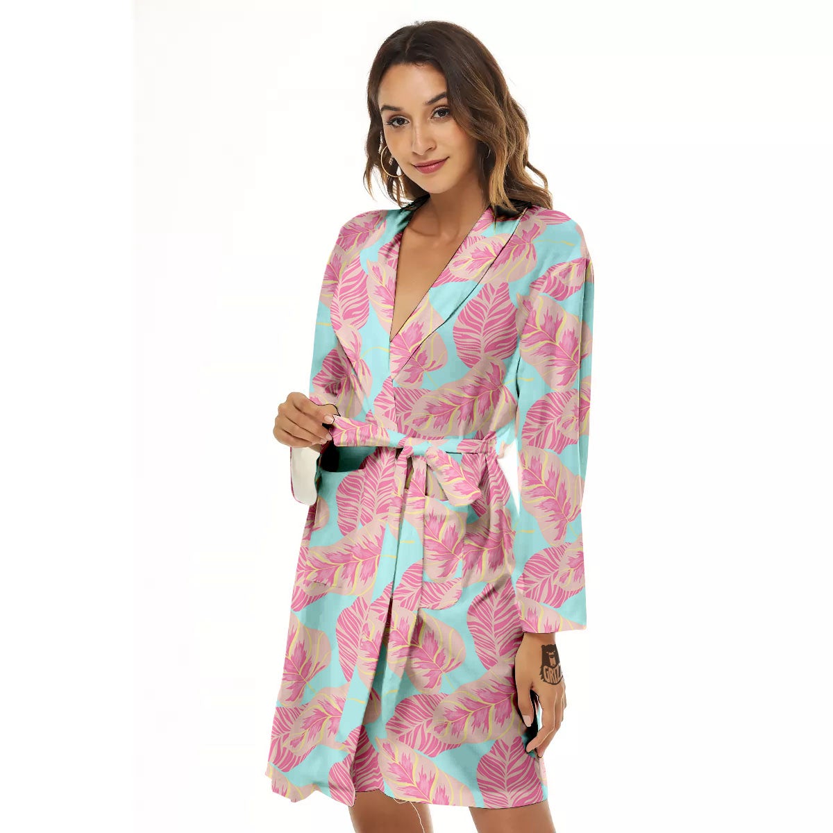 Tropical Leaf Pink And Teal Print Pattern Women's Robe-grizzshop