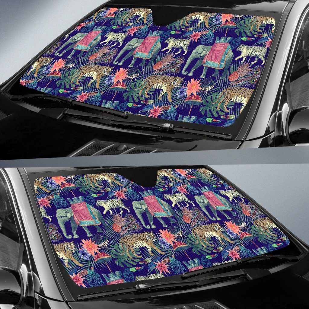 Tropical Palm Leave Peacock Tiger Elephant Car Sun Shade-grizzshop
