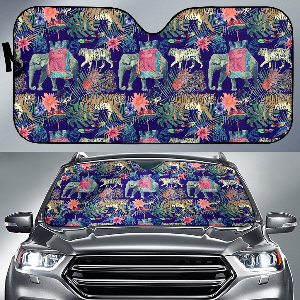 Tropical Palm Leave Peacock Tiger Elephant Car Sun Shade-grizzshop