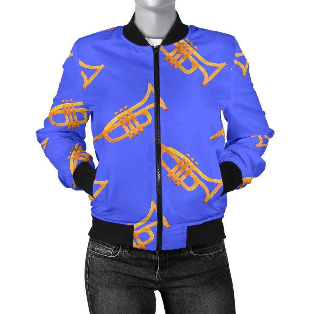 Trumpet Blue Pattern Print Women Casual Bomber Jacket-grizzshop