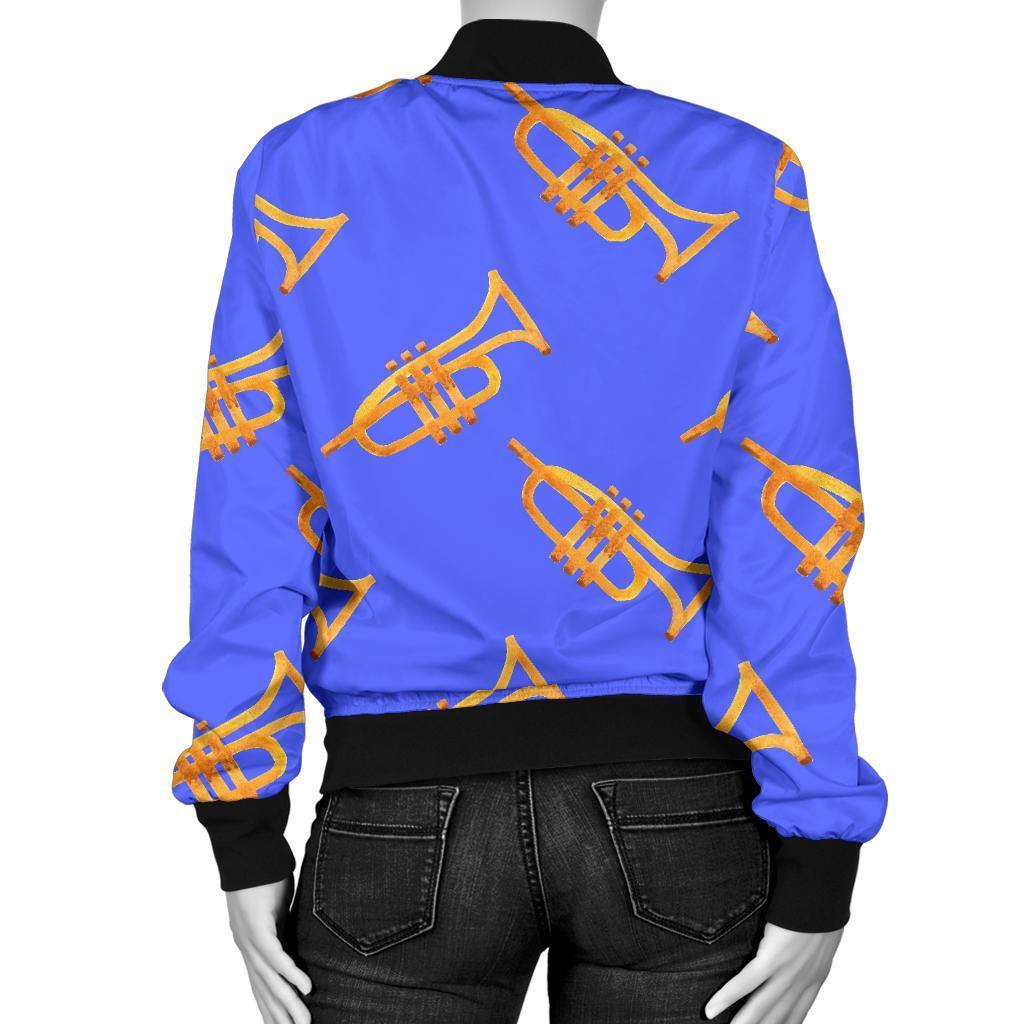 Trumpet Blue Pattern Print Women Casual Bomber Jacket-grizzshop