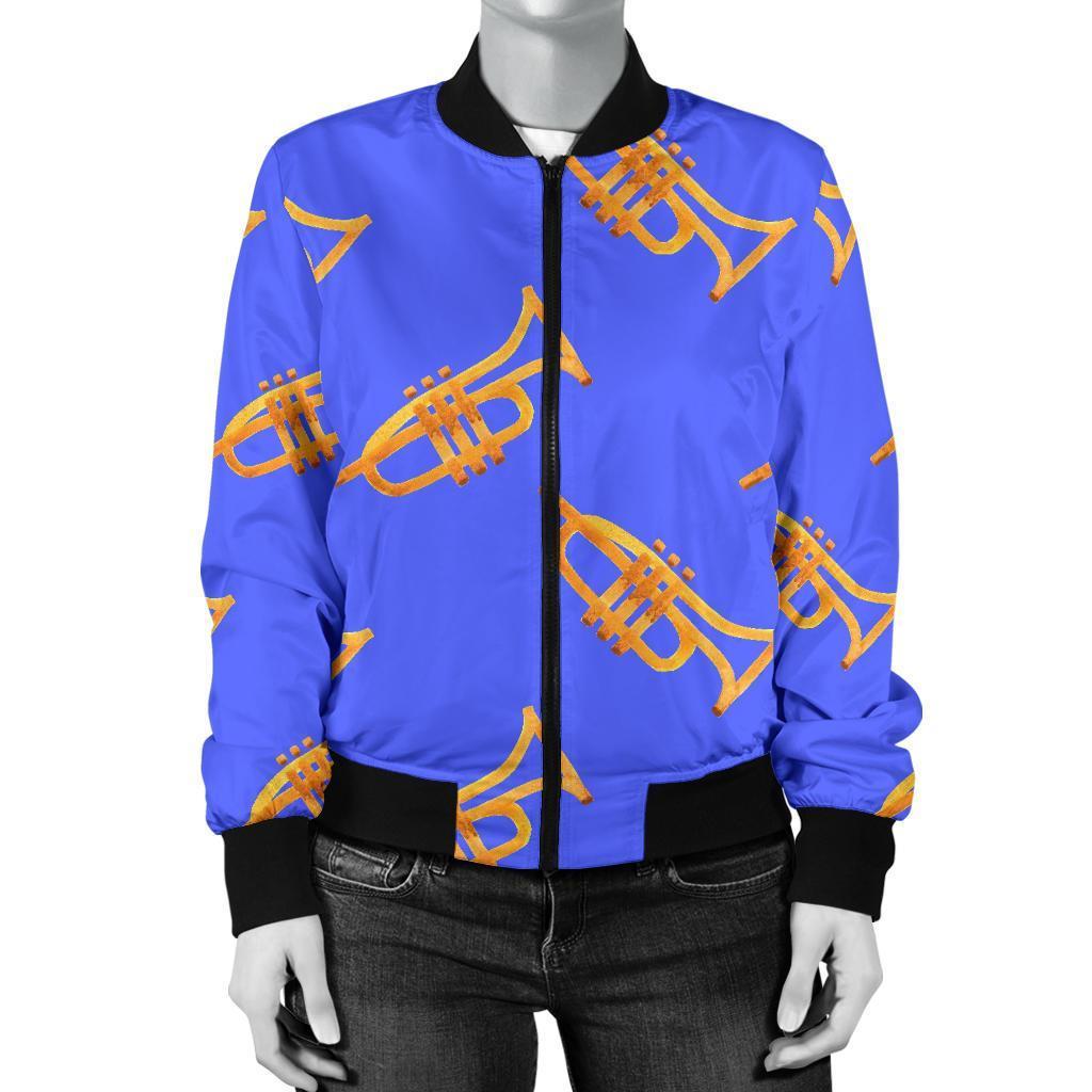 Trumpet Blue Pattern Print Women Casual Bomber Jacket-grizzshop