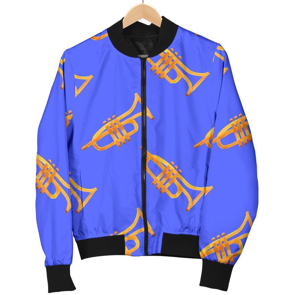 Trumpet Blue Pattern Print Women Casual Bomber Jacket-grizzshop