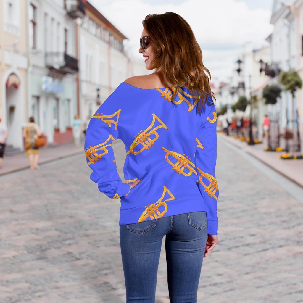 Trumpet Blue Pattern Print Women Off Shoulder Sweatshirt-grizzshop