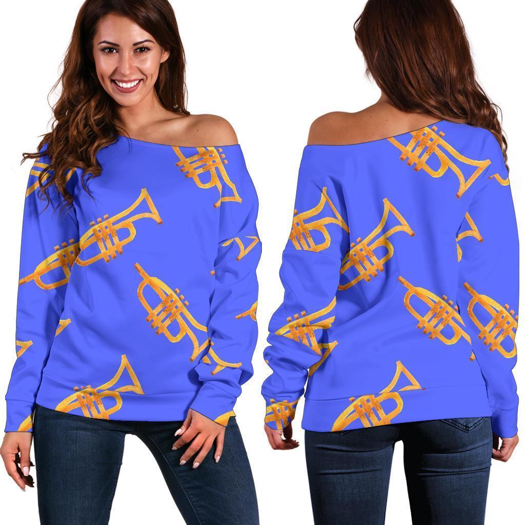 Trumpet Blue Pattern Print Women Off Shoulder Sweatshirt-grizzshop