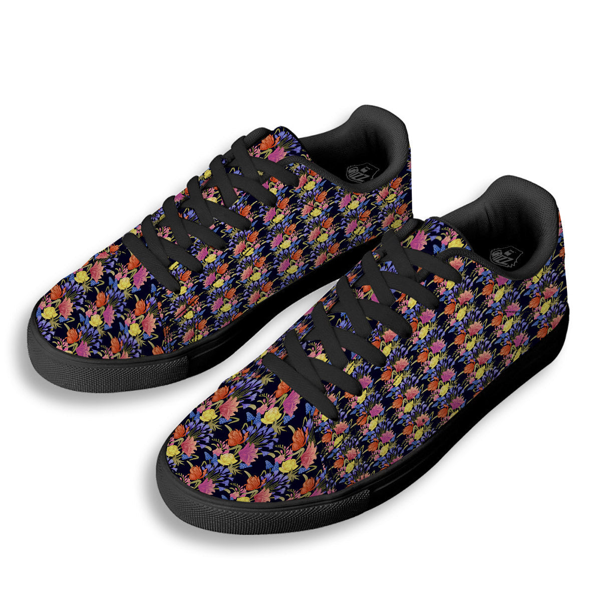 Tulip Colorful Print Pattern Black Low Top Sneakers-grizzshop