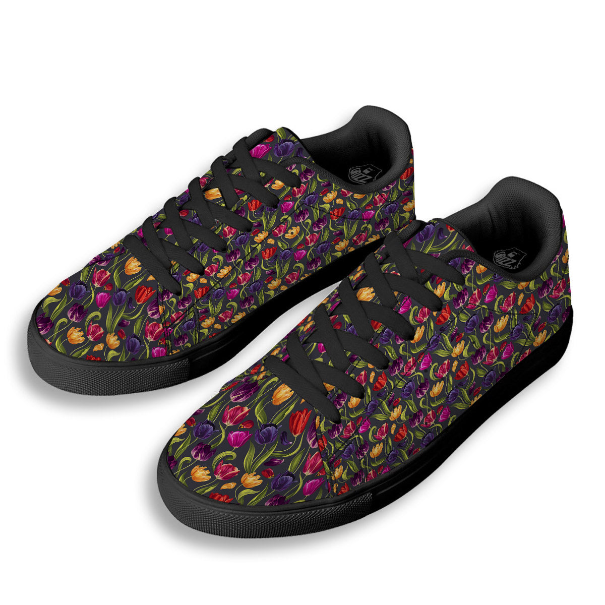 Tulip Colorful Watercolor Print Pattern Black Low Top Sneakers-grizzshop
