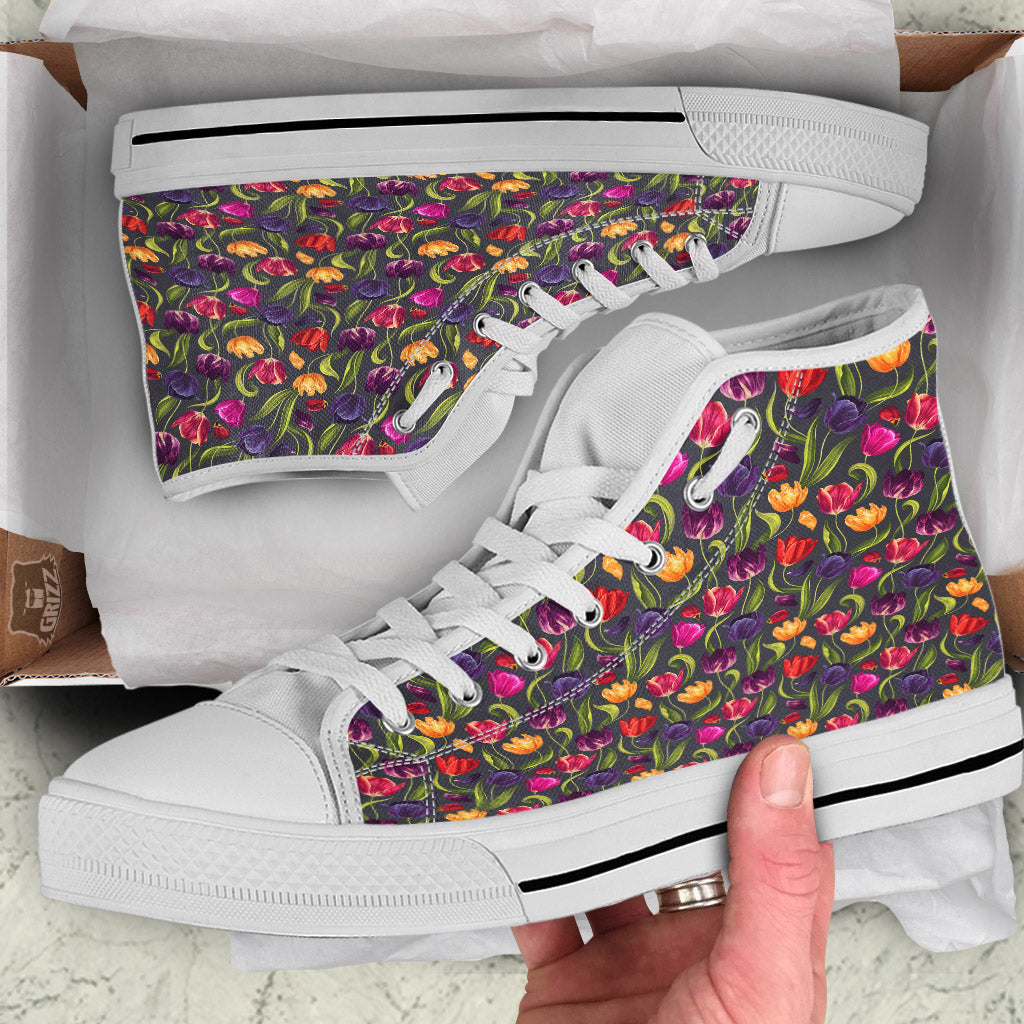 Tulip Colorful Watercolor Print Pattern White High Top Shoes-grizzshop