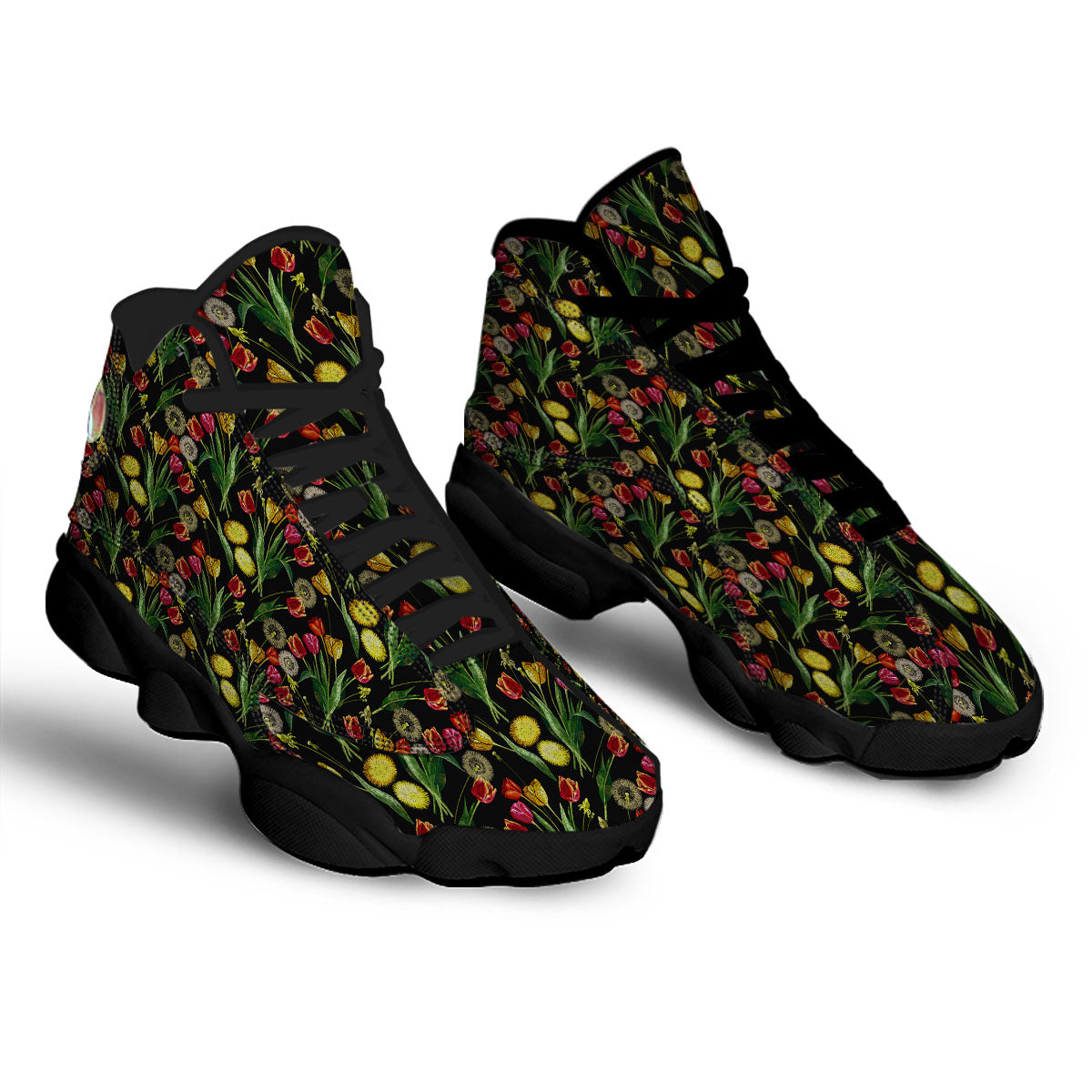 Tulip Embroidery Print Pattern Black Basketball Shoes-grizzshop