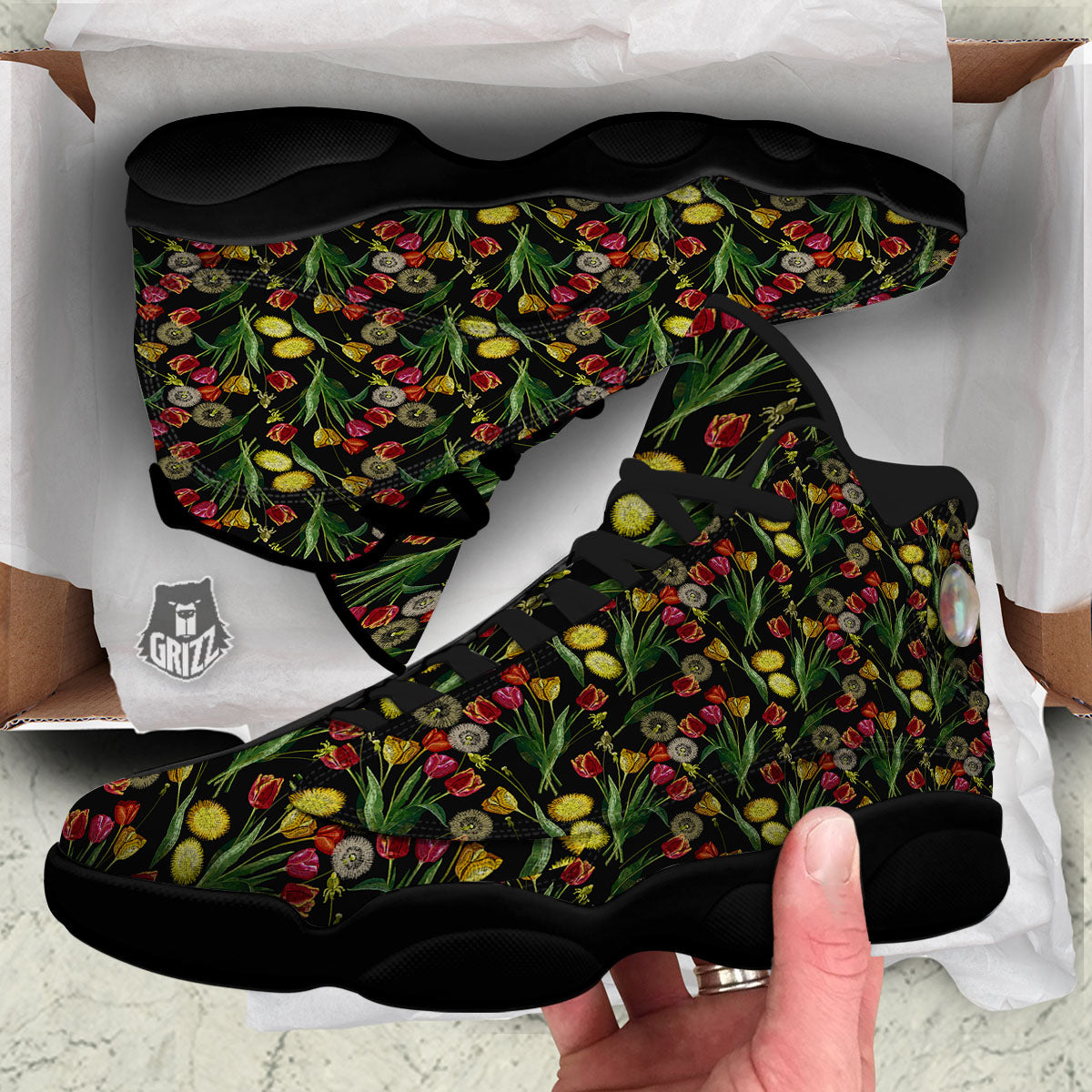 Tulip Embroidery Print Pattern Black Basketball Shoes-grizzshop