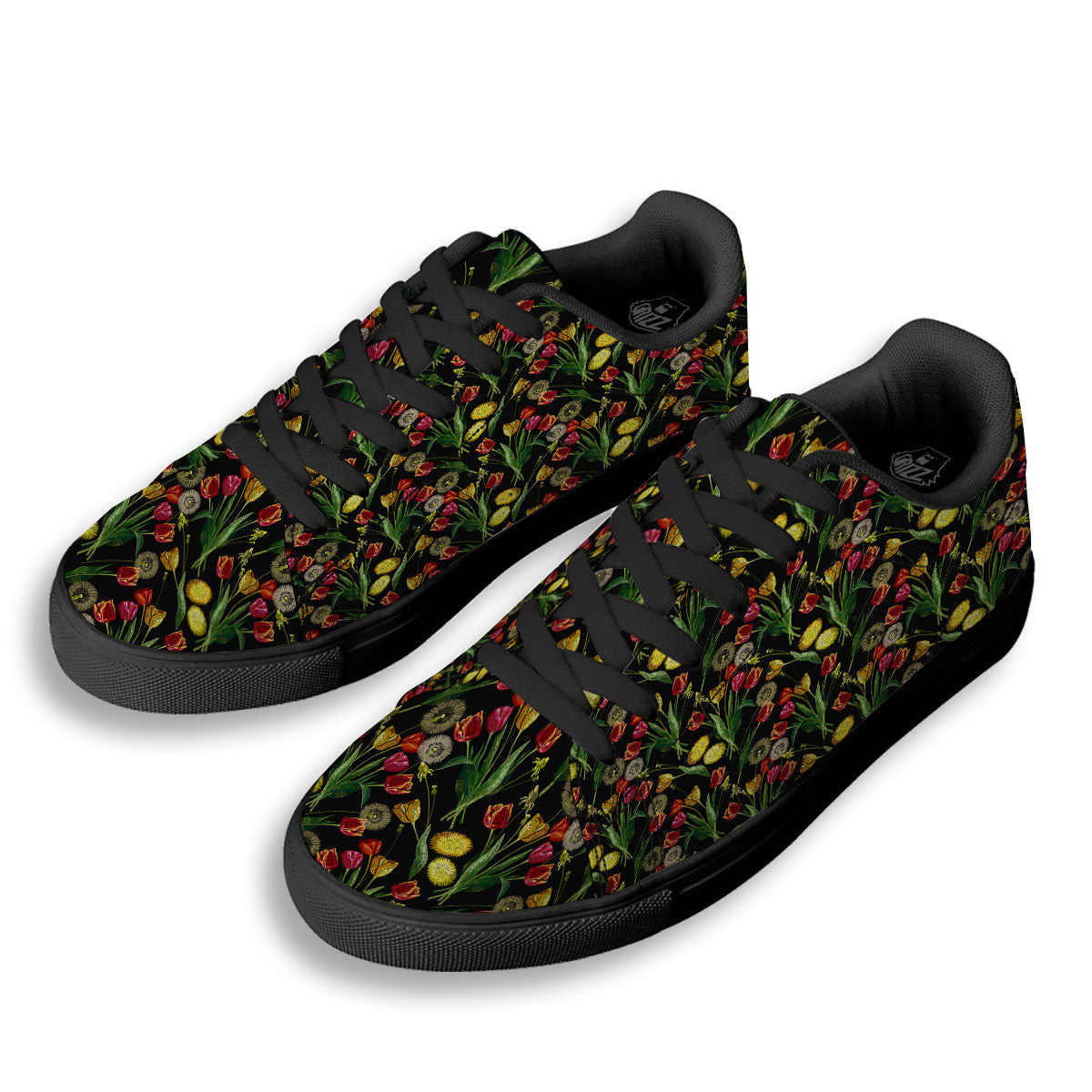 Tulip Embroidery Print Pattern Black Low Top Sneakers-grizzshop