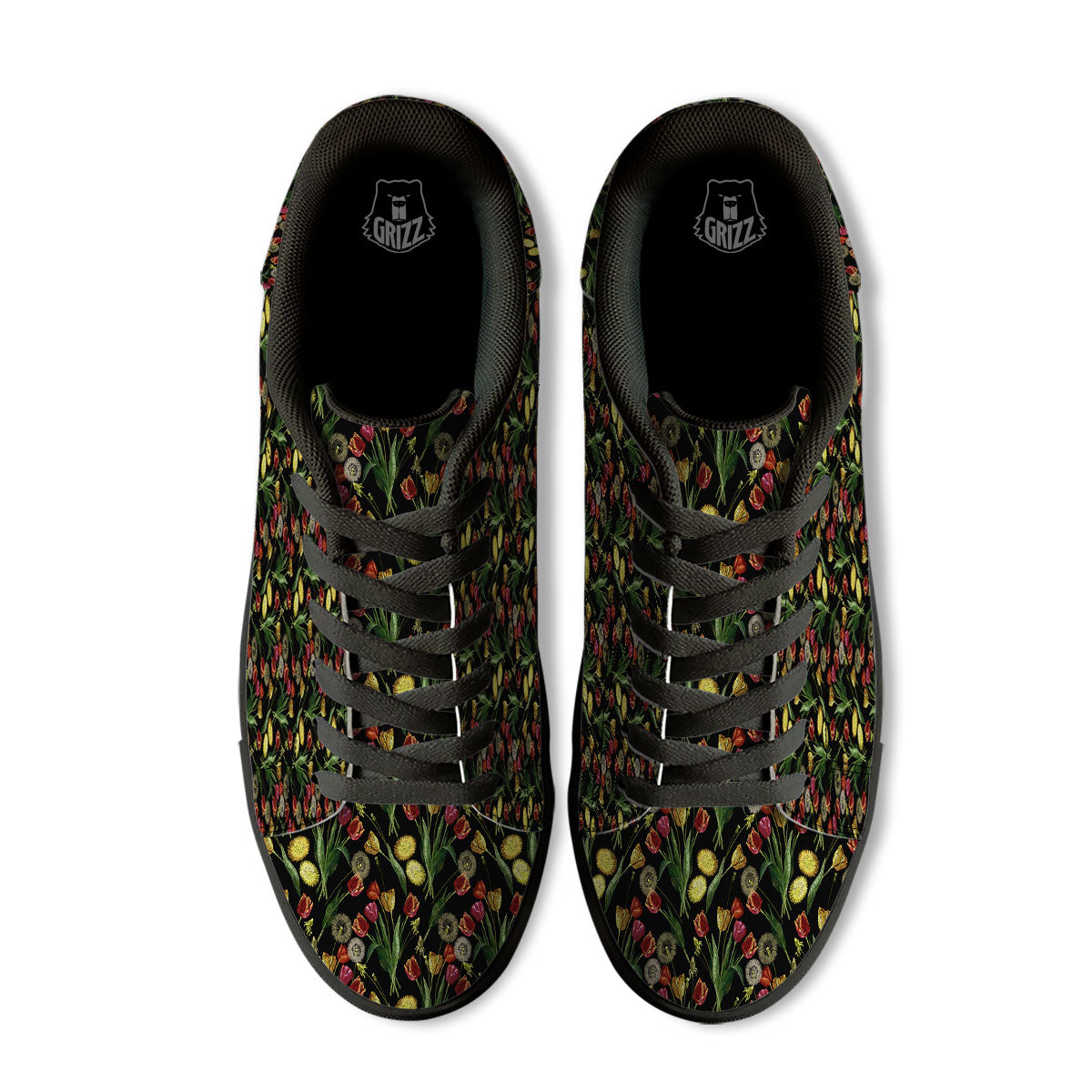 Tulip Embroidery Print Pattern Black Low Top Sneakers-grizzshop