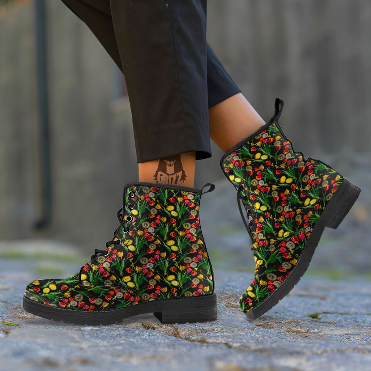 Tulip Embroidery Print Pattern Leather Boots-grizzshop