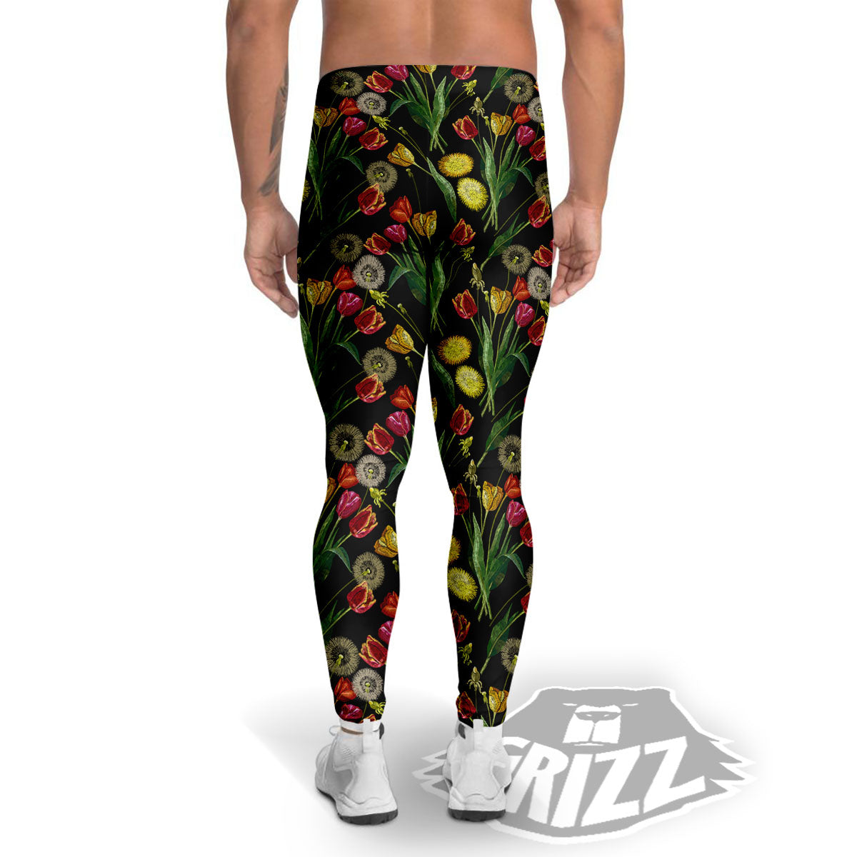 Tulip Embroidery Print Pattern Men's Leggings-grizzshop