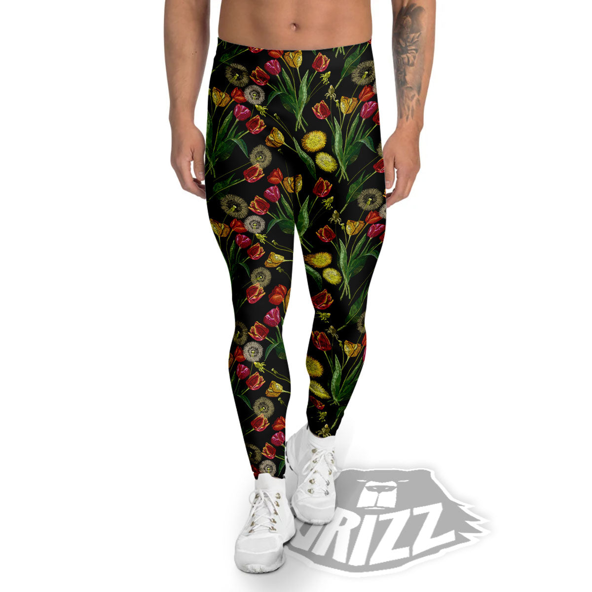 Tulip Embroidery Print Pattern Men's Leggings-grizzshop