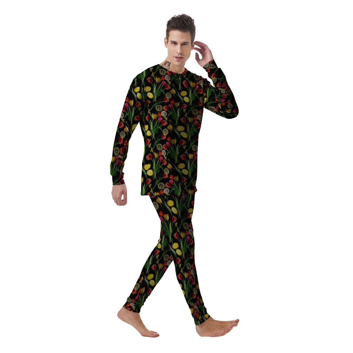 Tulip Embroidery Print Pattern Men's Pajamas-grizzshop