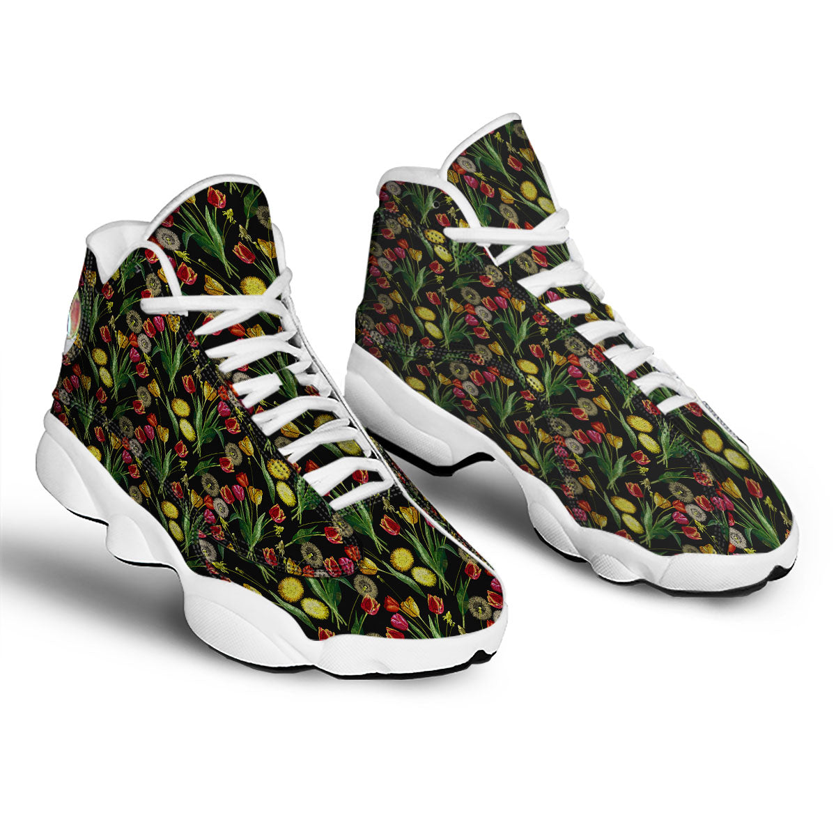 Tulip Embroidery Print Pattern White Basketball Shoes-grizzshop
