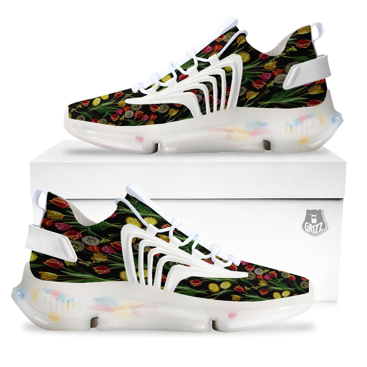 Tulip Embroidery Print Pattern White Gym Shoes-grizzshop