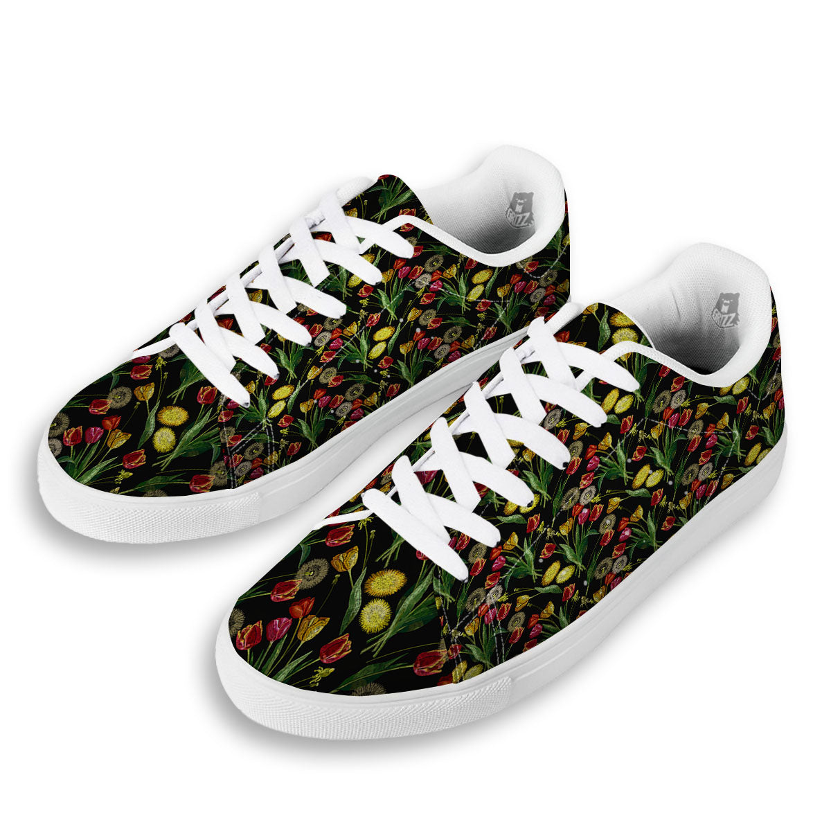 Tulip Embroidery Print Pattern White Low Top Sneakers-grizzshop