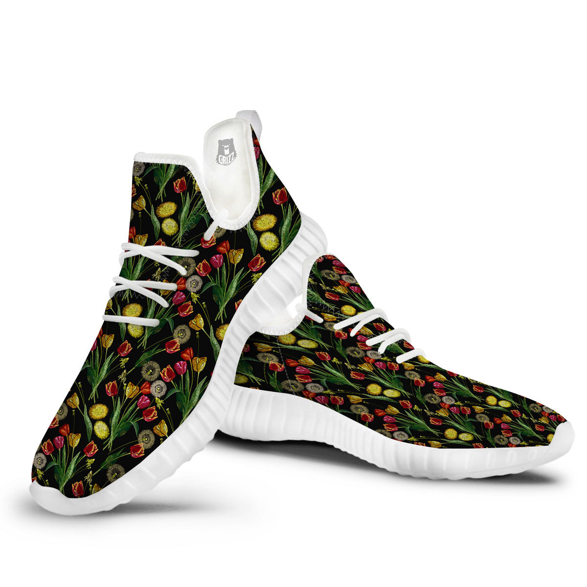 Tulip Embroidery Print Pattern White Walking Shoes-grizzshop