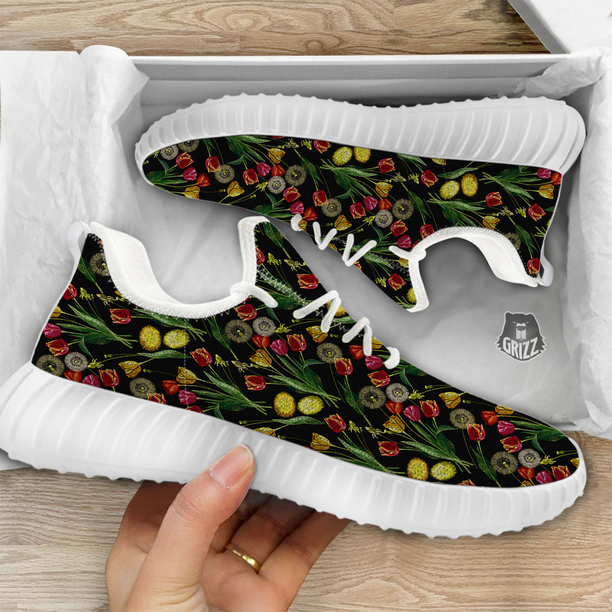 Tulip Embroidery Print Pattern White Walking Shoes-grizzshop