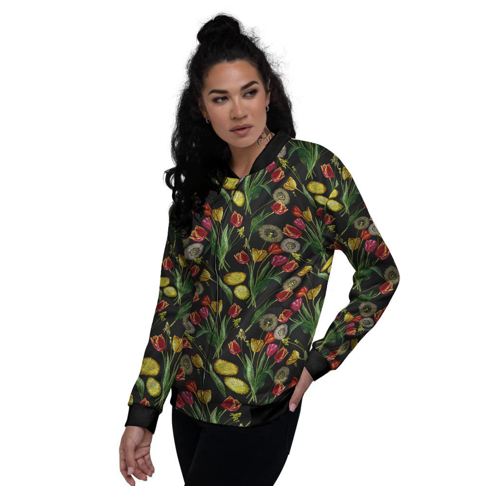 Tulip Embroidery Print Pattern Women's Bomber Jacket-grizzshop