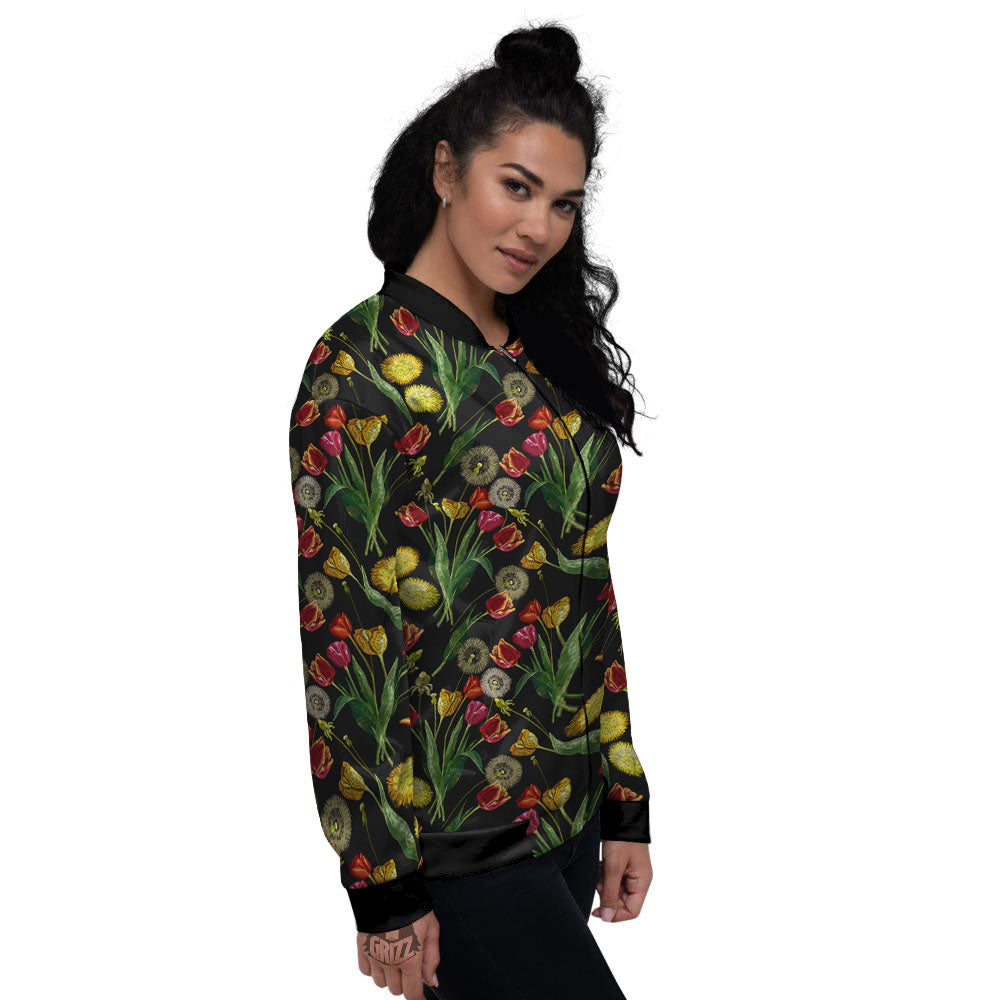 Tulip Embroidery Print Pattern Women's Bomber Jacket-grizzshop